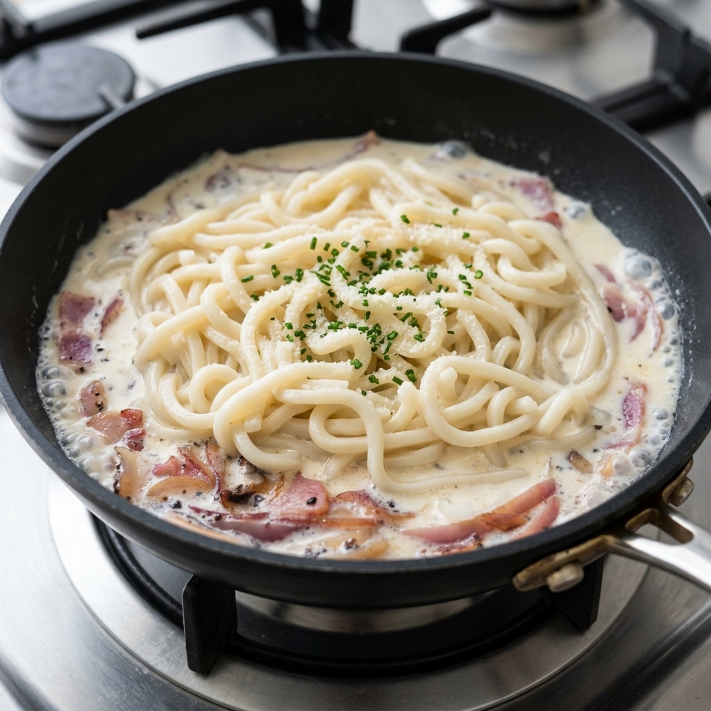 Udon aggiunti in padella nella salsa cremosa con bacon e funghi.