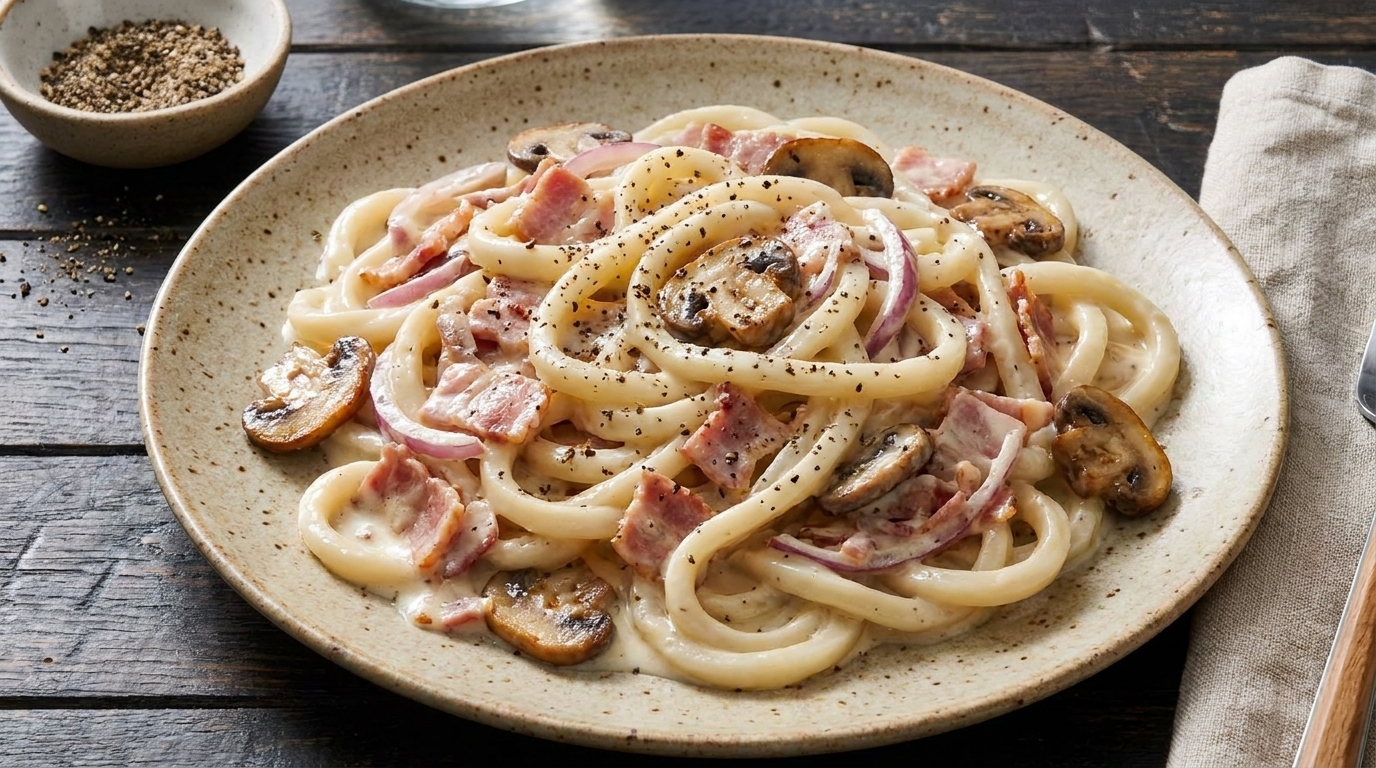 Udon Cremosi al Bacon e Tartufo Nero
