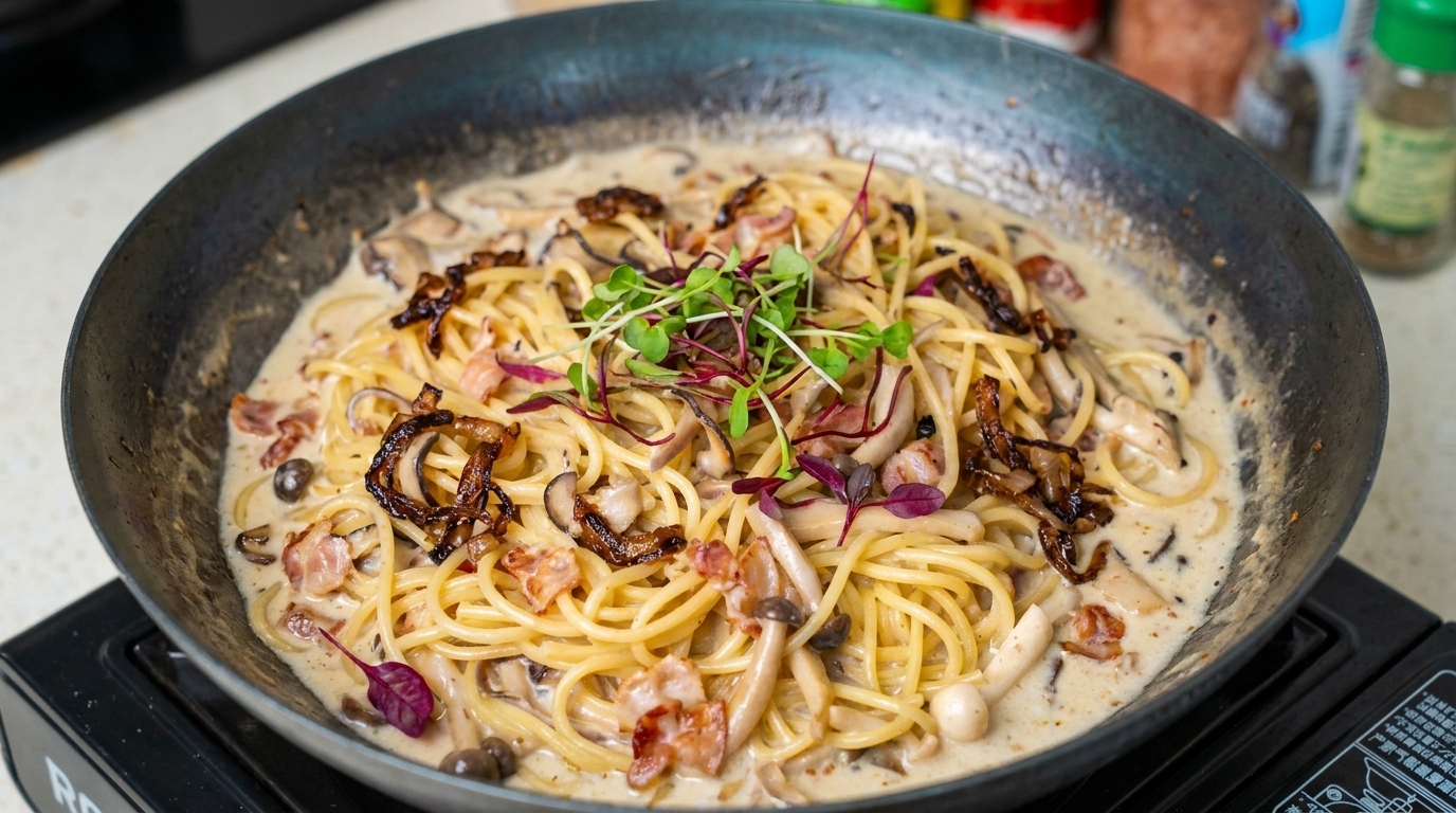 Pasta ai Capelli d'Angelo con Pancetta e Funghi