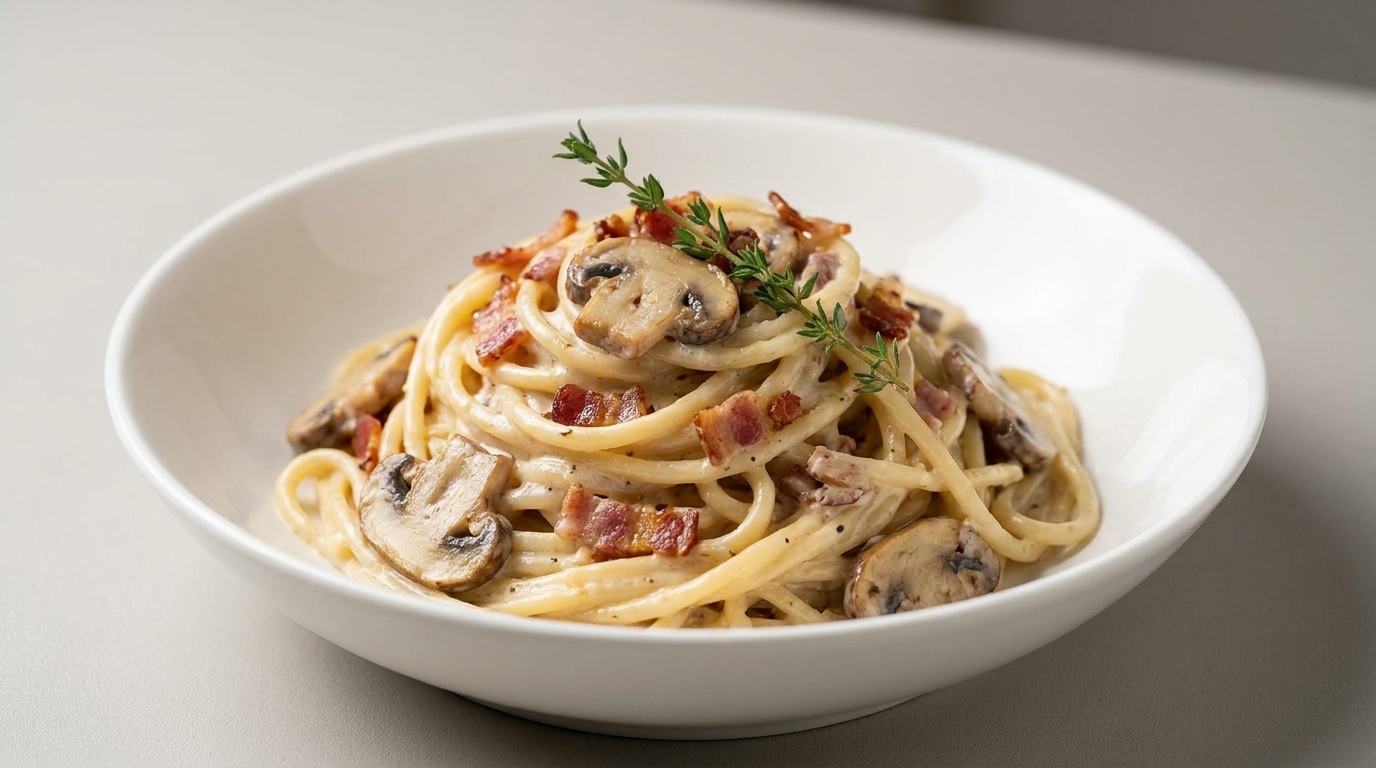 Un piatto di spaghetti cremosi con funghi e pancetta guarnito con un rametto di erbe fresche.