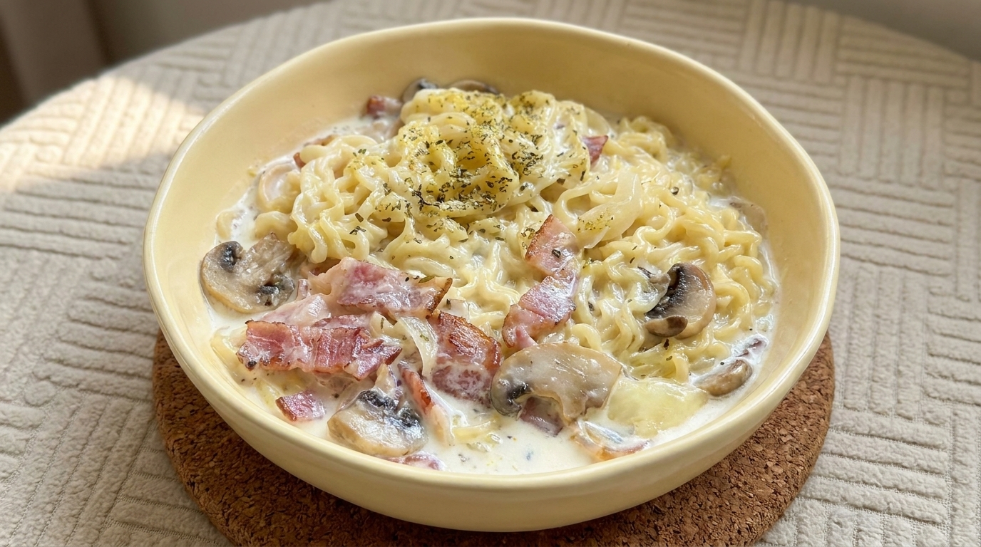 Ramen cremoso ai funghi e pancetta
