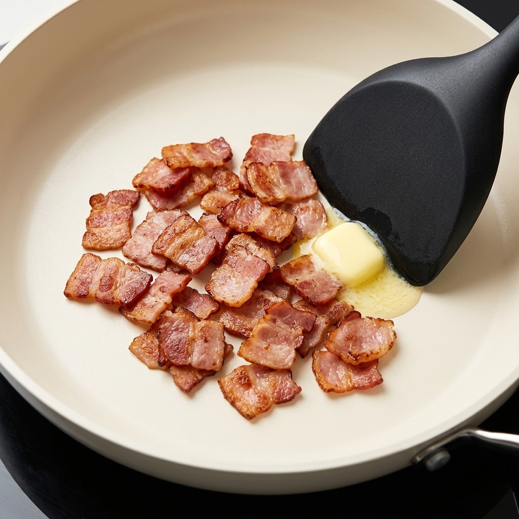 Burro che si scioglie in padella con pancetta e cipolle tritate.