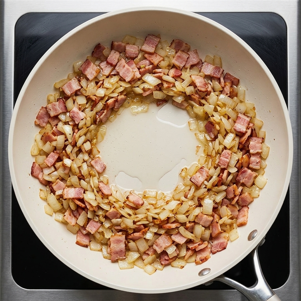 Acqua versata in una padella con pancetta e cipolle saltate.