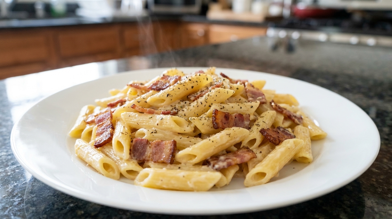 Penne lucide avvolte in una salsa ricca e cremosa con bacon croccante, completate da un tocco di sapidità.