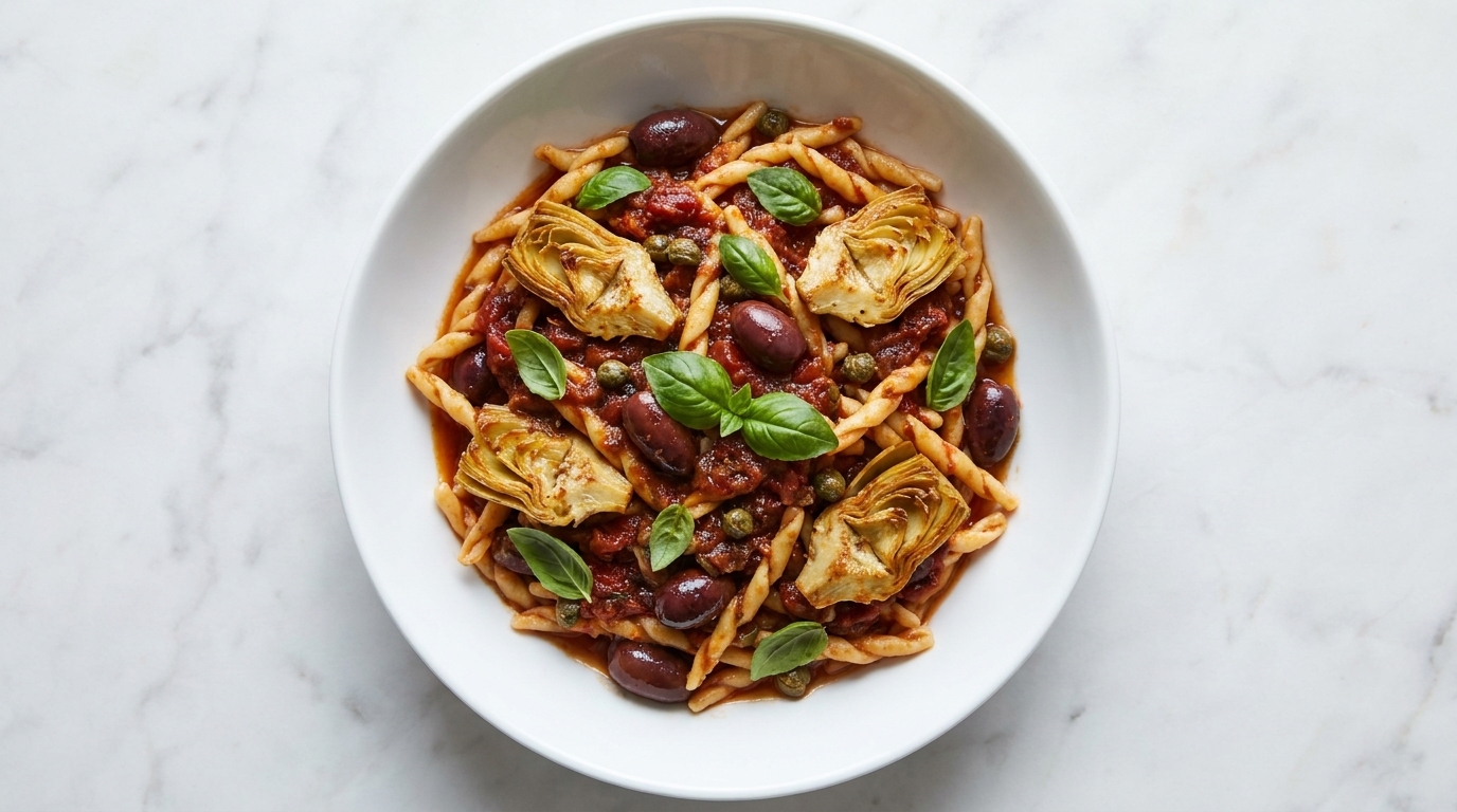 Trofie avvolte in un robusto sugo di pomodoro, guarnite con carciofi rosolati, olive saporite e basilico fresco.