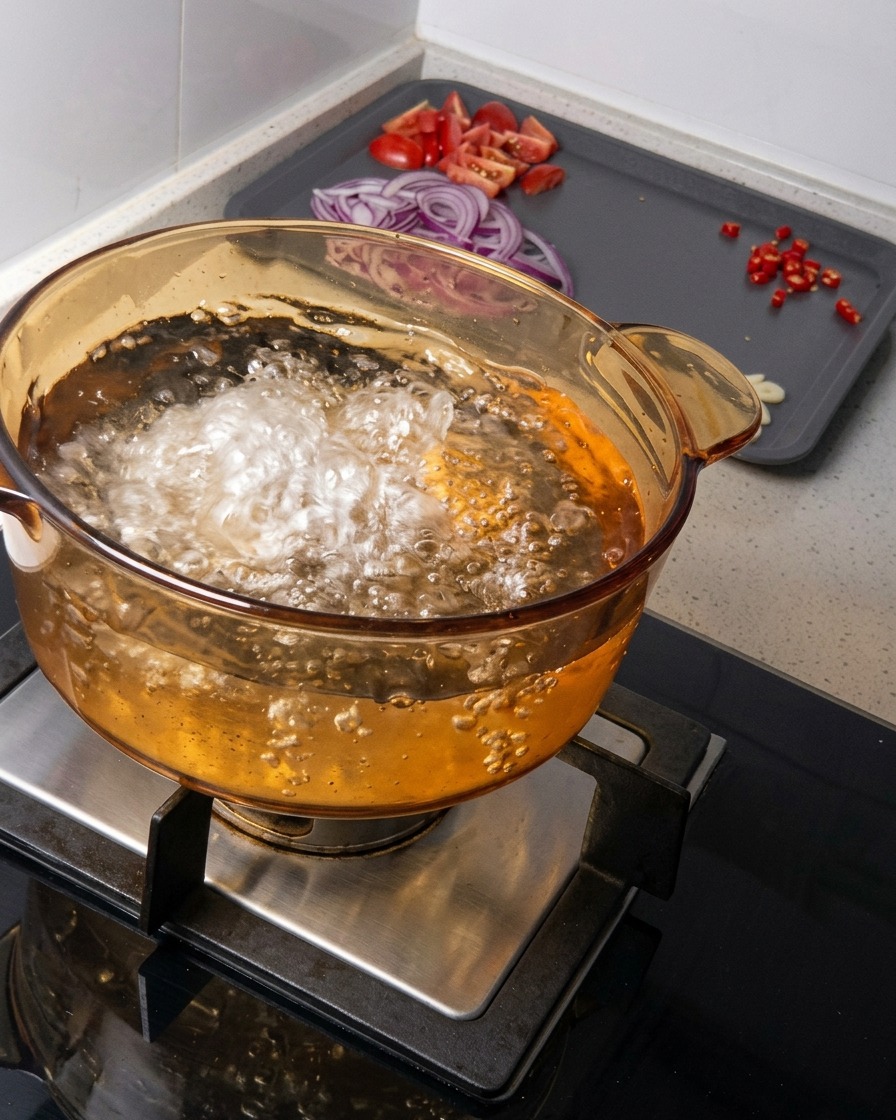 Una pentola di vetro ambrato piena di acqua che bolle vivacemente sul fornello, con pomodori, cipolle e peperoncini preparati sullo sfondo.