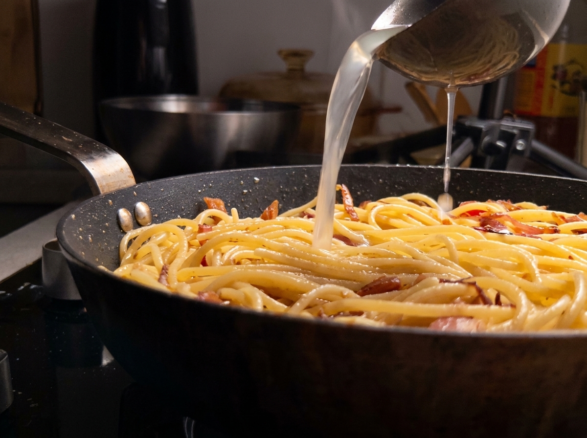 Un mestolo che versa acqua di cottura della pasta, ricca di amido, sopra gli spaghetti in padella per creare il condimento.
