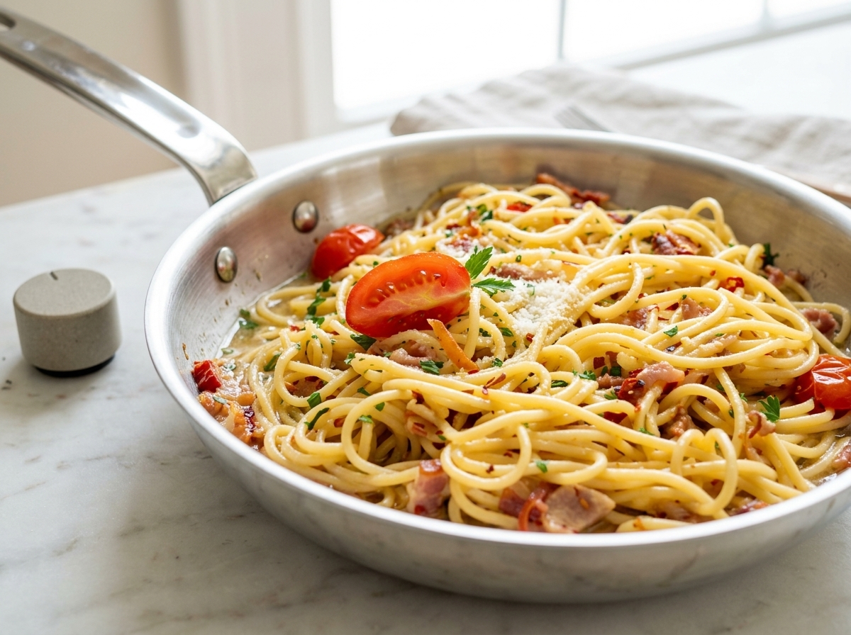 Pasta saltata con fette di pomodorini e salsa in padella.