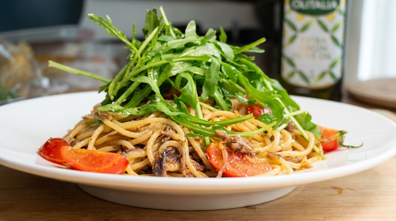 Spaghetti veloce con acciughe e cipolle caramellate
