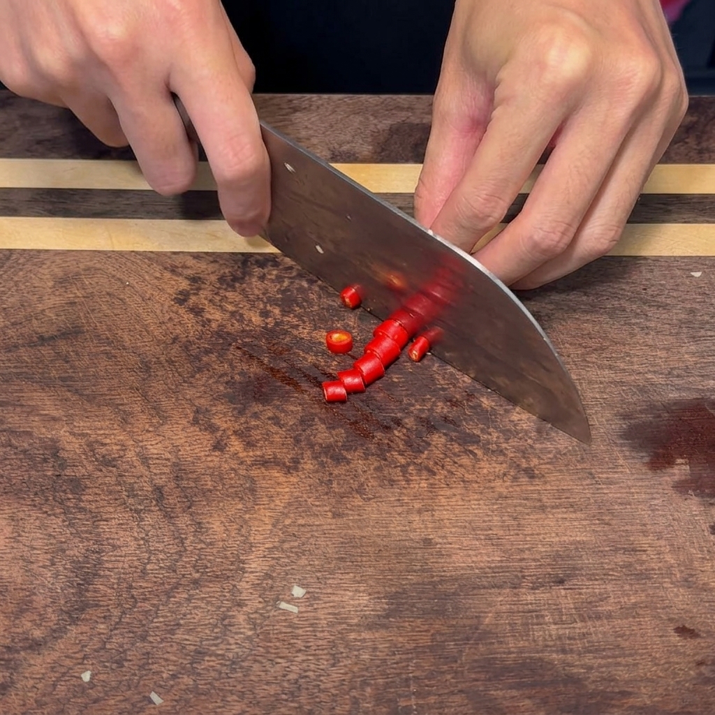 Pezzetti di peperoncino rosso fresco affettati su una superficie di legno.