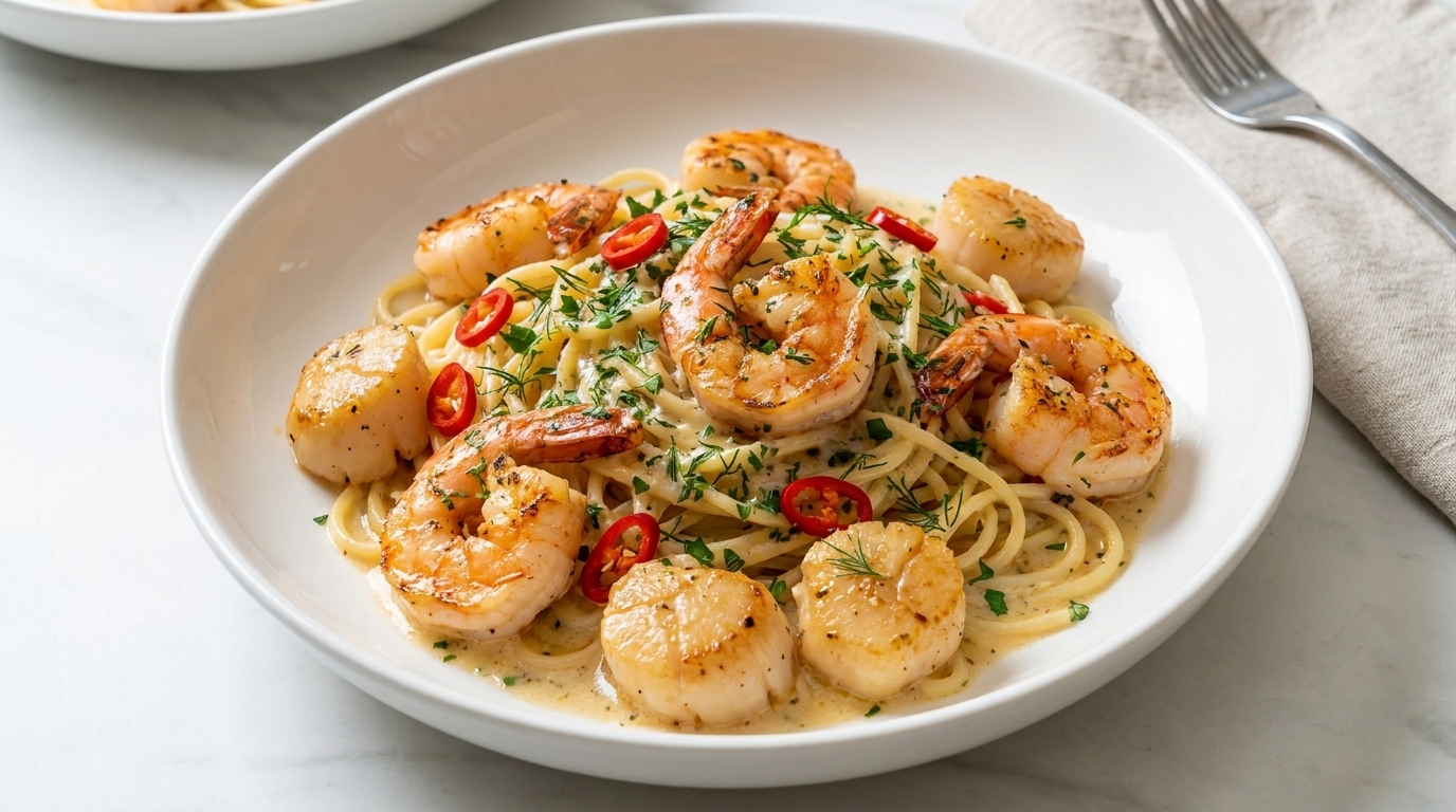 Pasta Cremosa all'Aglio e Frutti di Mare con Capesante e Gamberi