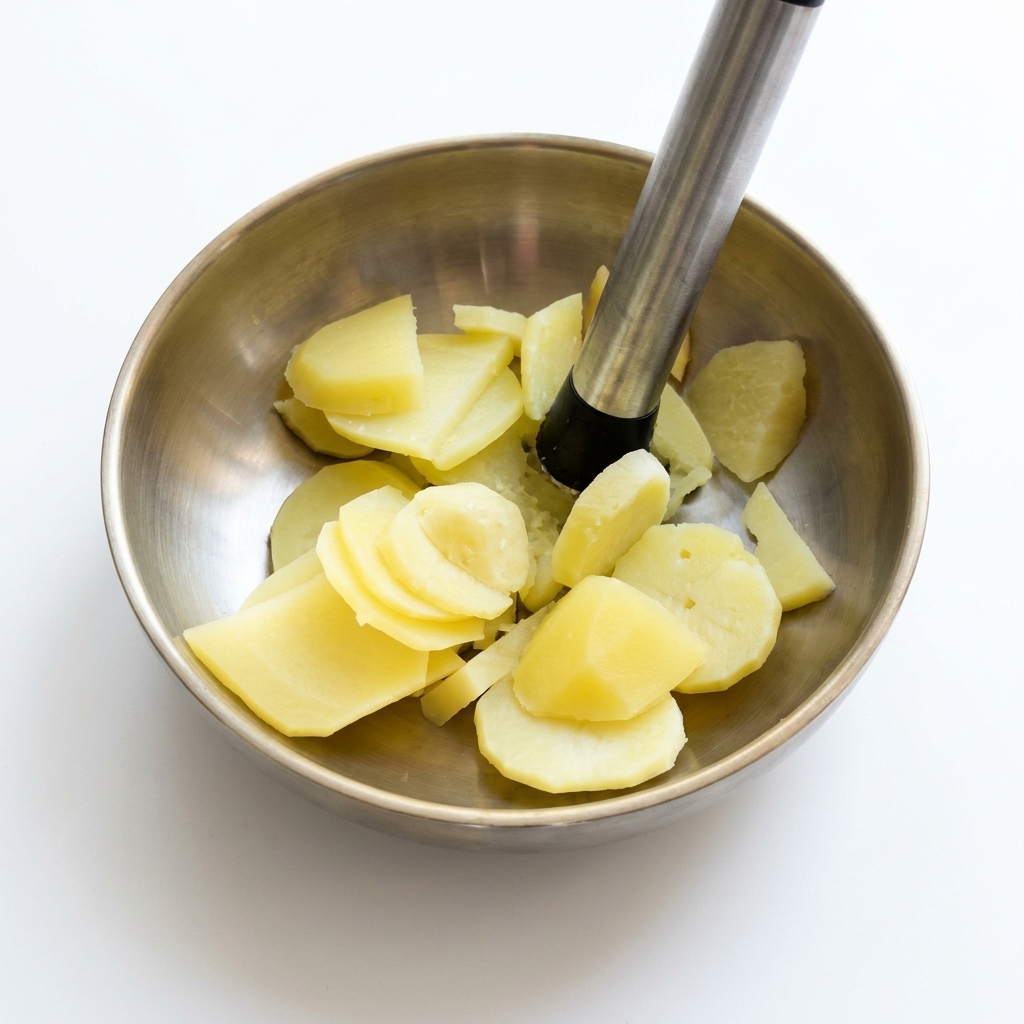 Patate cotte schiacciate in una ciotola di metallo fino a ottenere un purè liscio.