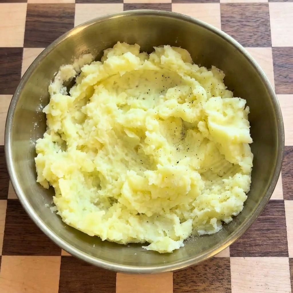 Pepe nero appena macinato aggiunto alla ciotola di purè di patate liscio.