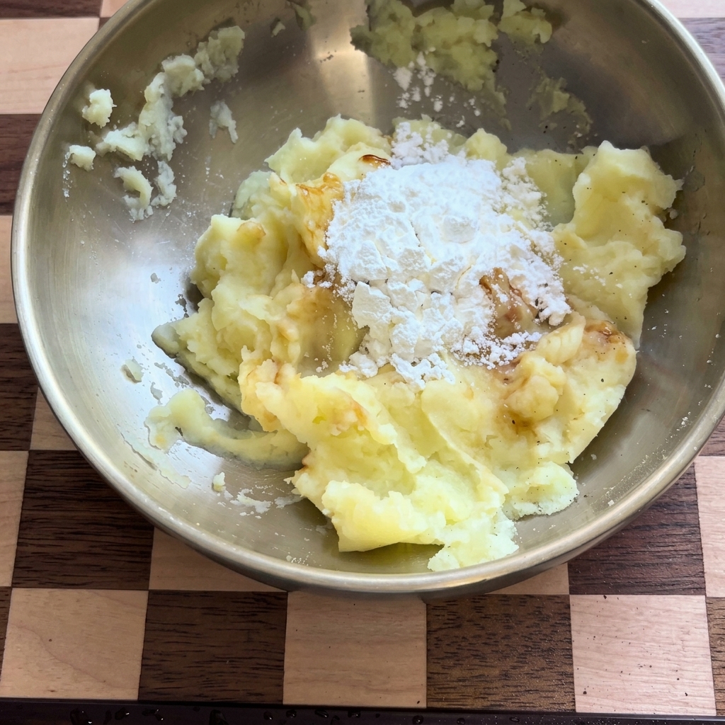 Fecola di patate versata nella ciotola con il purè condito.