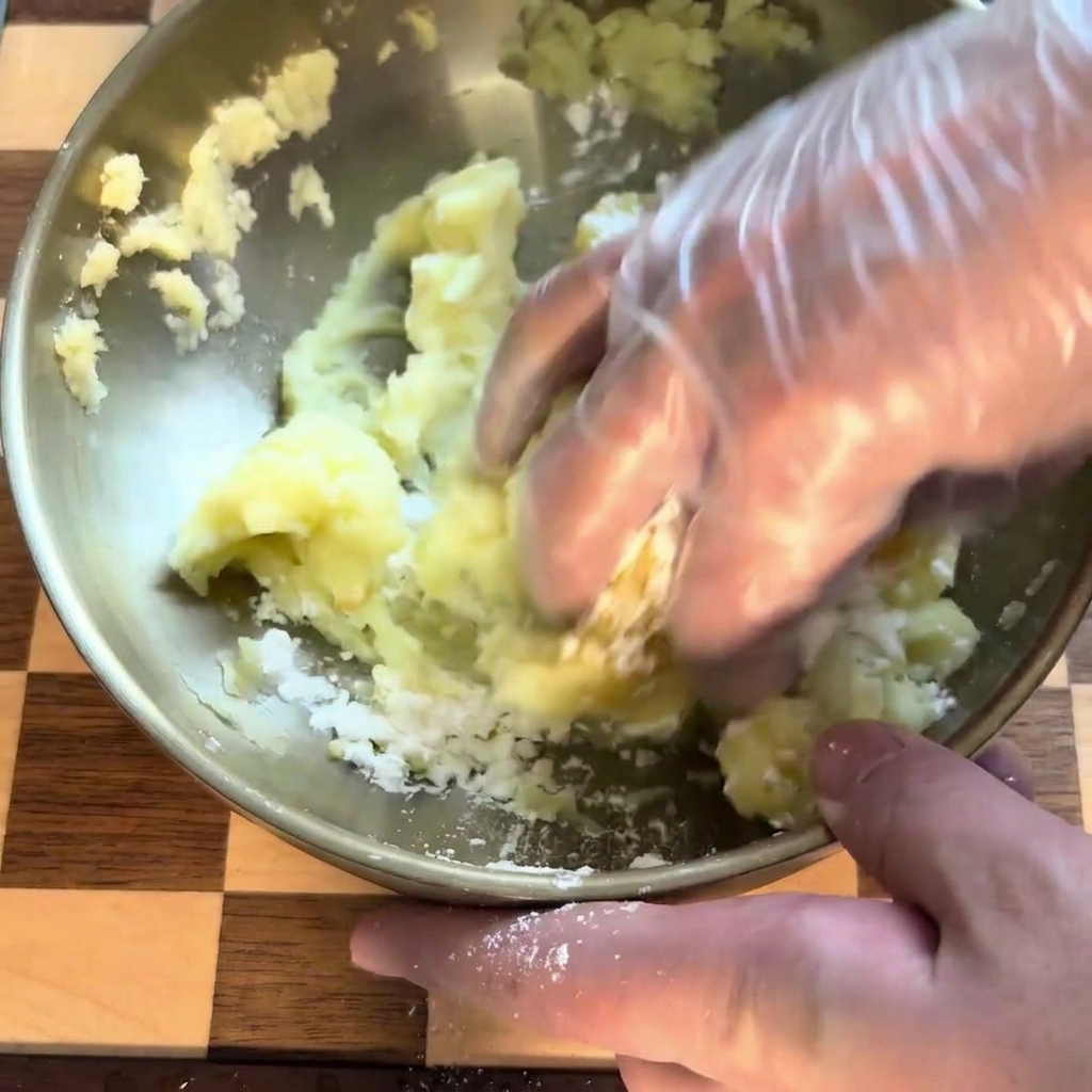 Mani con guanti che impastano il composto di patate in una ciotola per formare un panetto liscio.