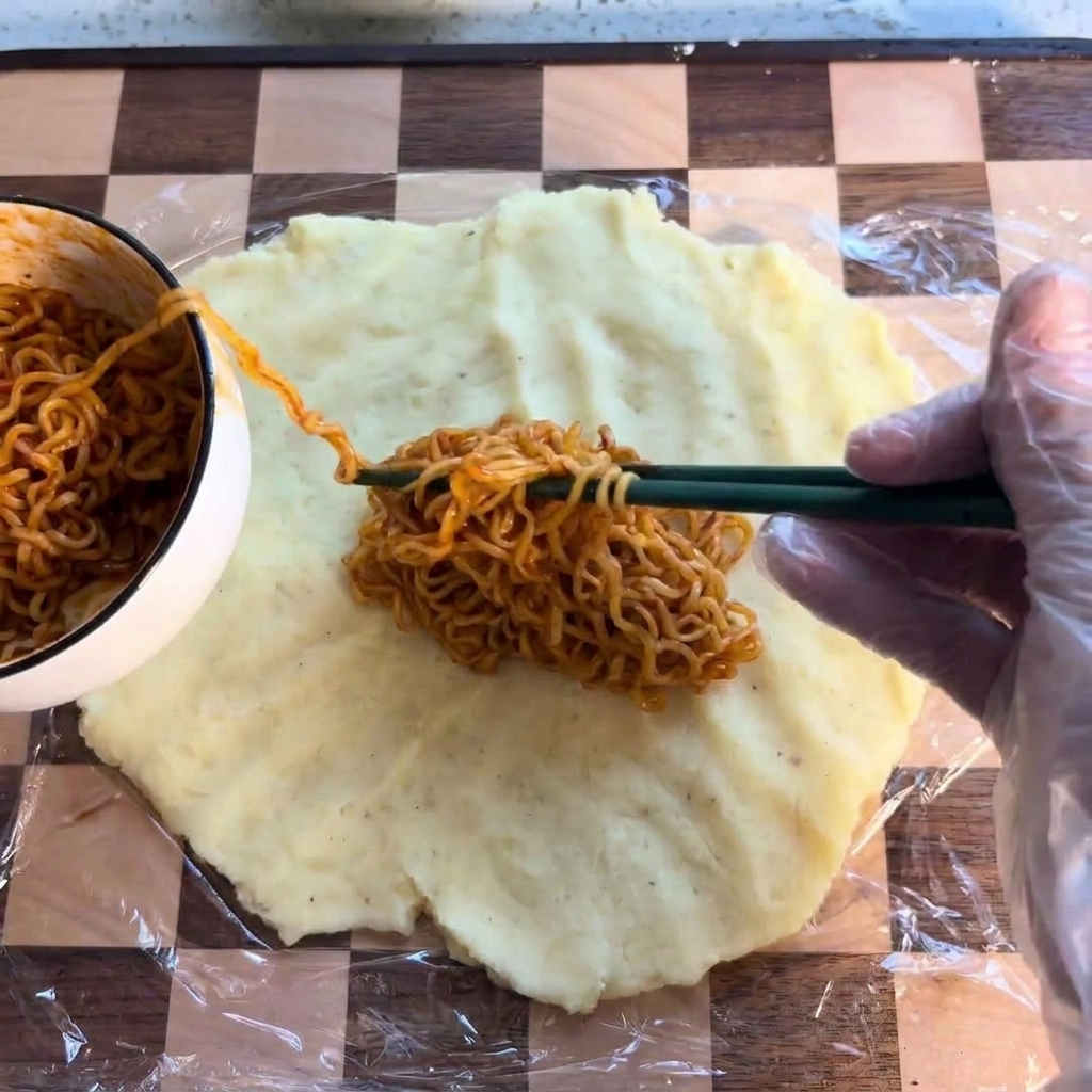 Una mano usa le bacchette per posizionare un nido di ramen speziato al centro del disco di patate.