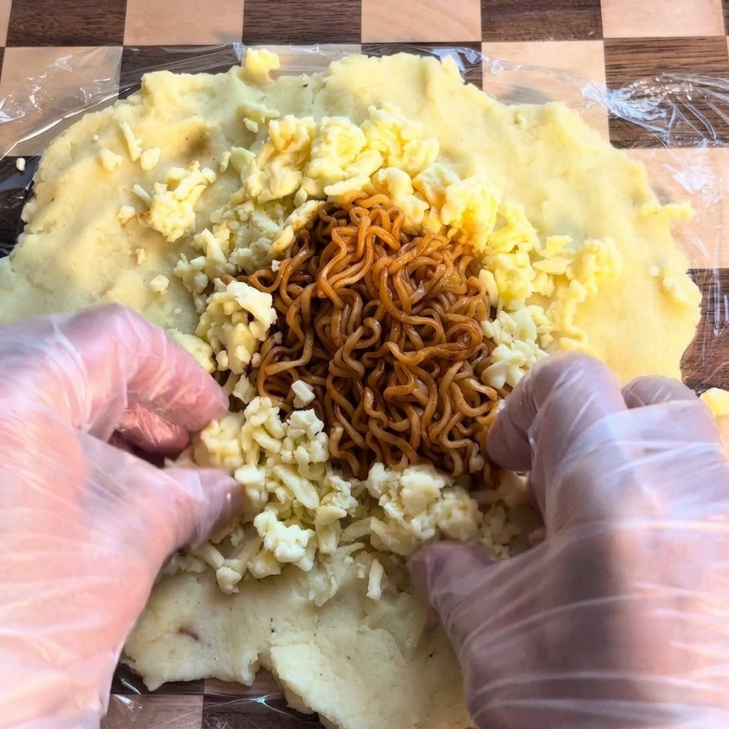 Primo piano di mozzarella grattugiata disposta a cerchio attorno ai noodles di ramen.