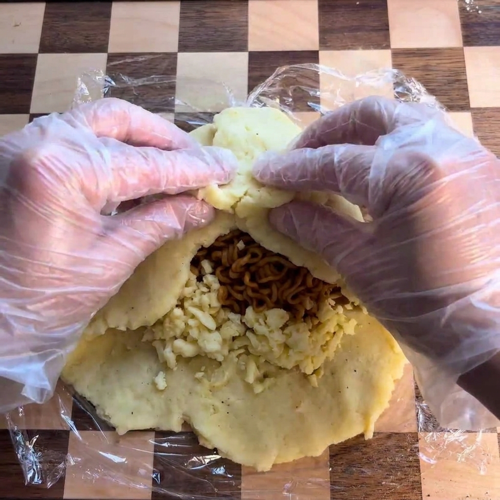 Mani che sollevano i bordi del disco di patate verso linterno per coprire il ripieno.
