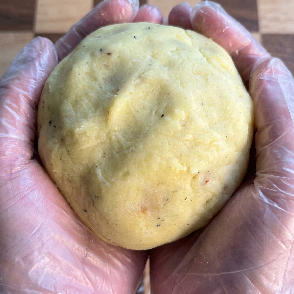 Una grande e liscia polpetta di patate dorata tenuta tra due mani guantate.