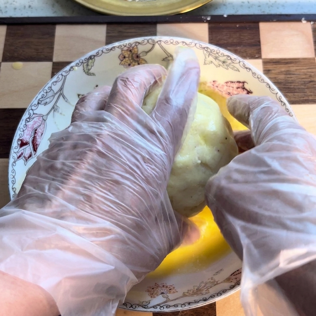 Una polpetta di patate rotolata in una ciotola di fecola per creare un velo esterno.