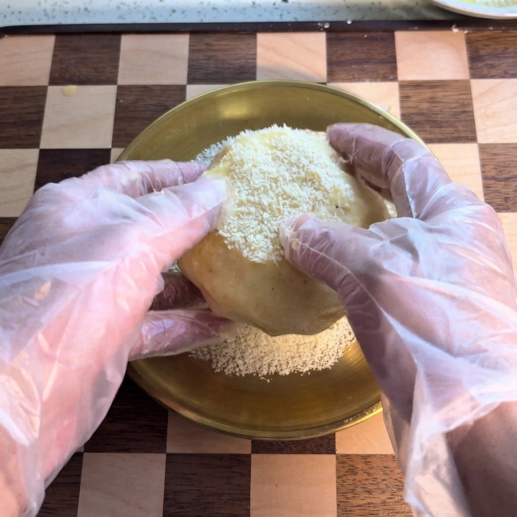 Una mano che rotola una polpetta umida in un letto di panko in una ciotola dorata.