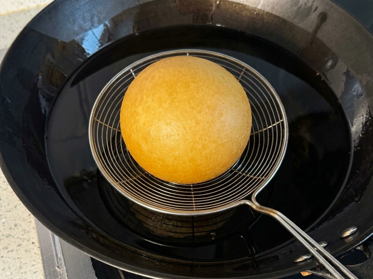 Una polpetta dorata e croccante che frigge in un wok con olio bollente.