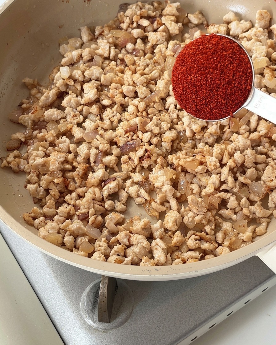 Pollo macinato saltato in padella con peperoncino in polvere e passata di pomodoro.