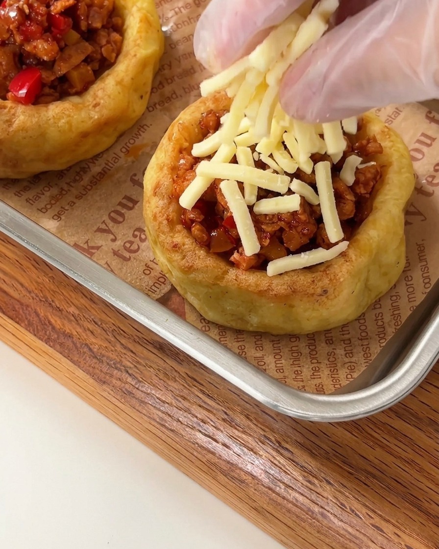 Mano con guanto che sparge formaggio grattugiato sopra i tortini di patate ripieni su una teglia.