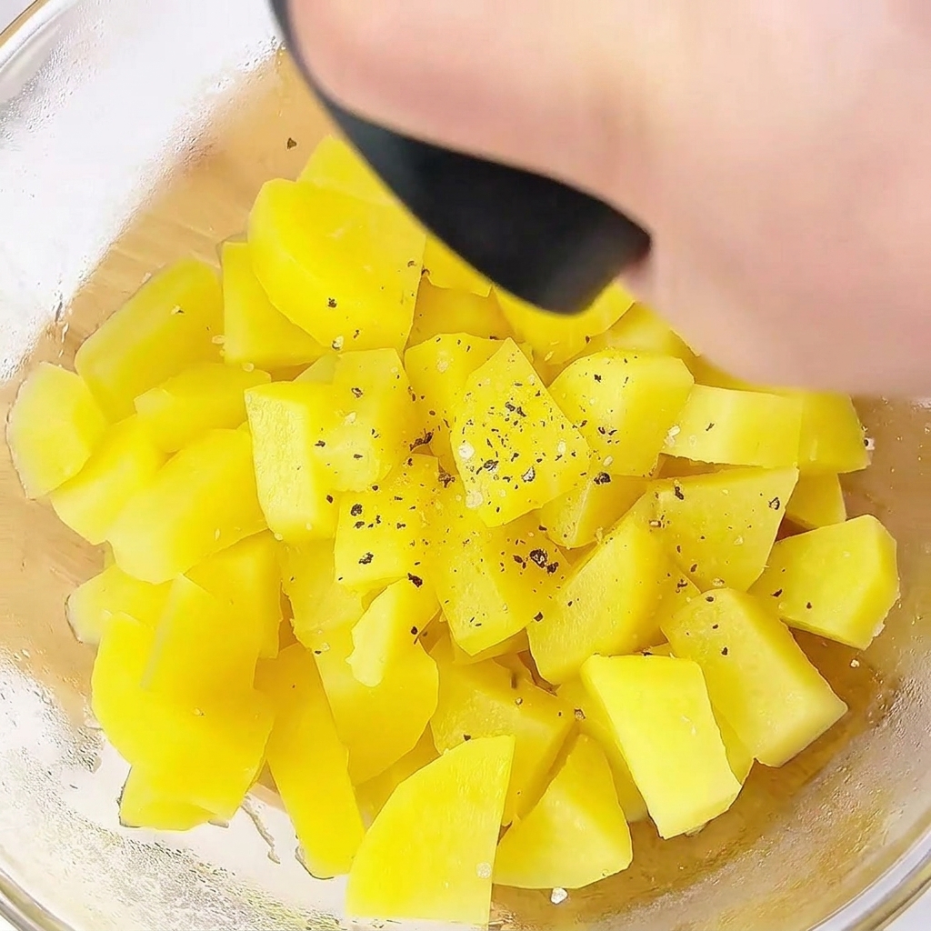 Patate al vapore schiacciate in una ciotola di vetro con spezie.