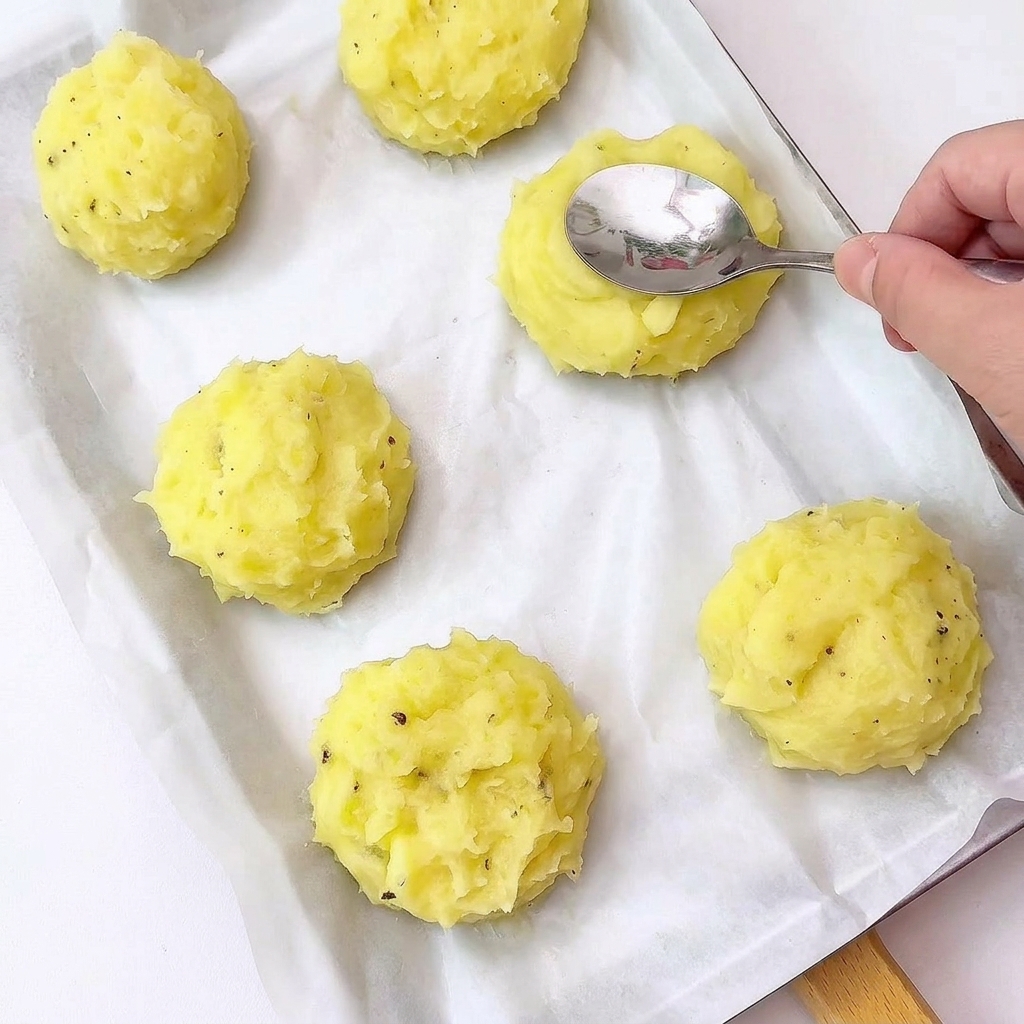 Porzioni di purè su una teglia modellate a forma di cestino con un cucchiaio.