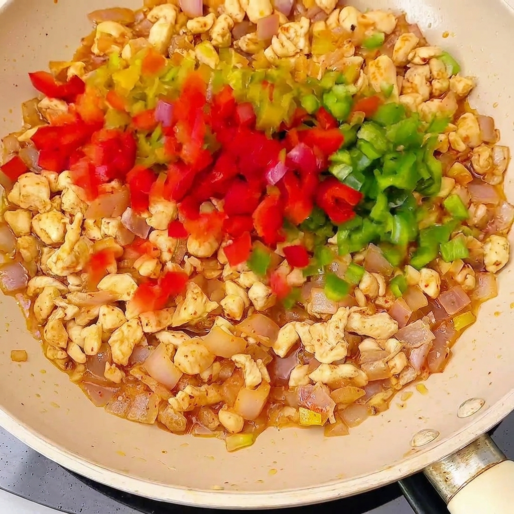 Peperoni colorati e funghi mescolati al pollo cotto in padella.