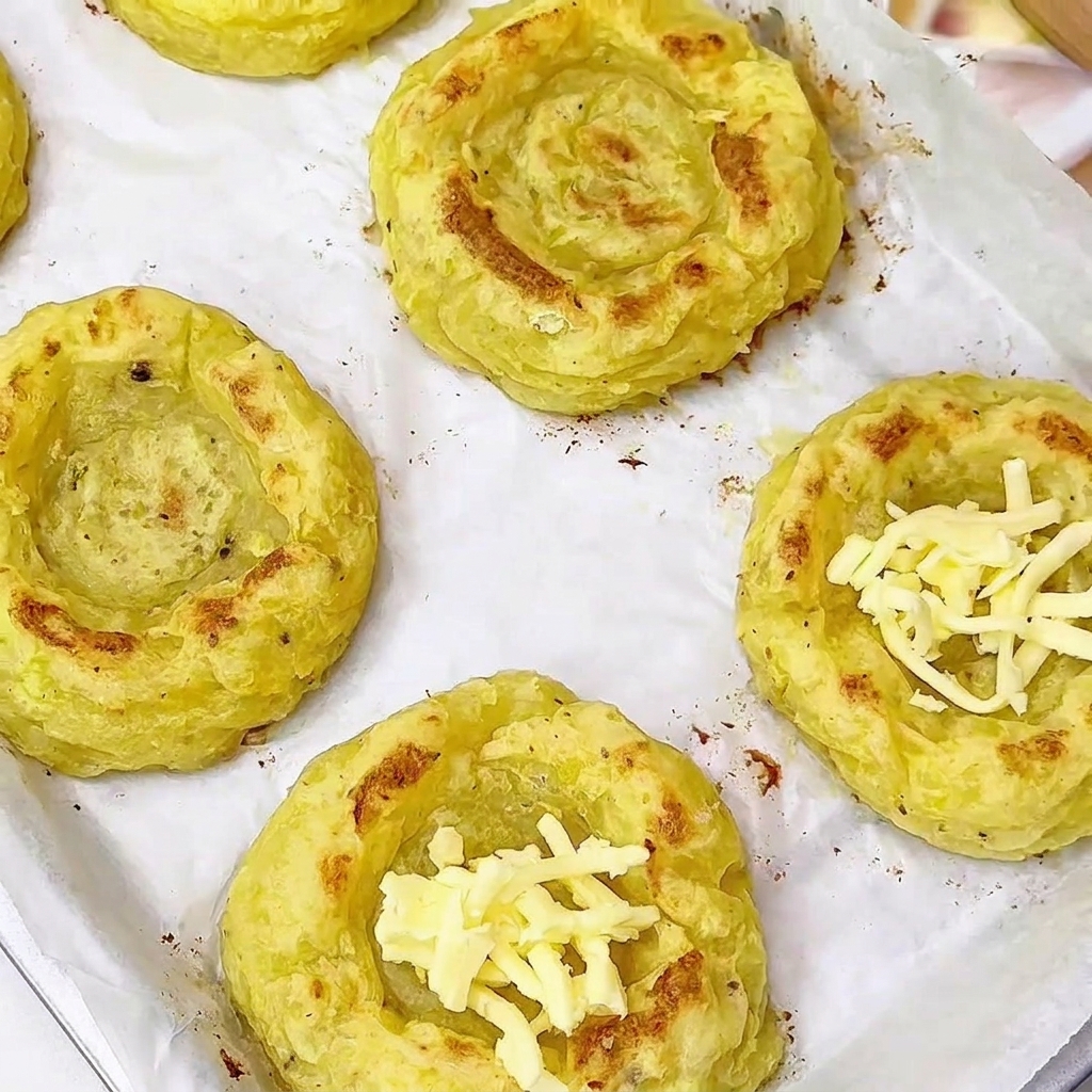 Cestini di patate precotti su teglia con una manciata di formaggio alla base.