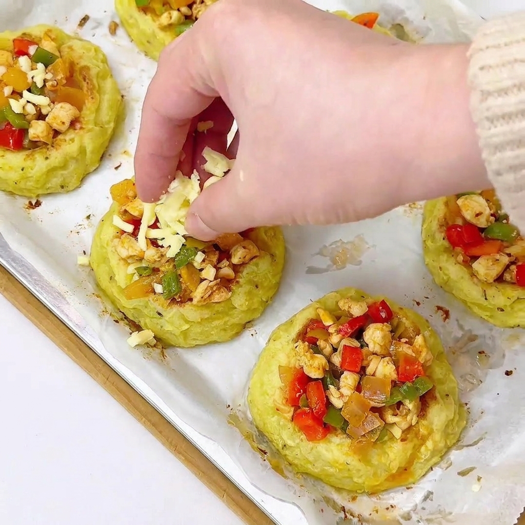Aggiunta di formaggio grattugiato sopra i tortini di patate pronti per il forno.