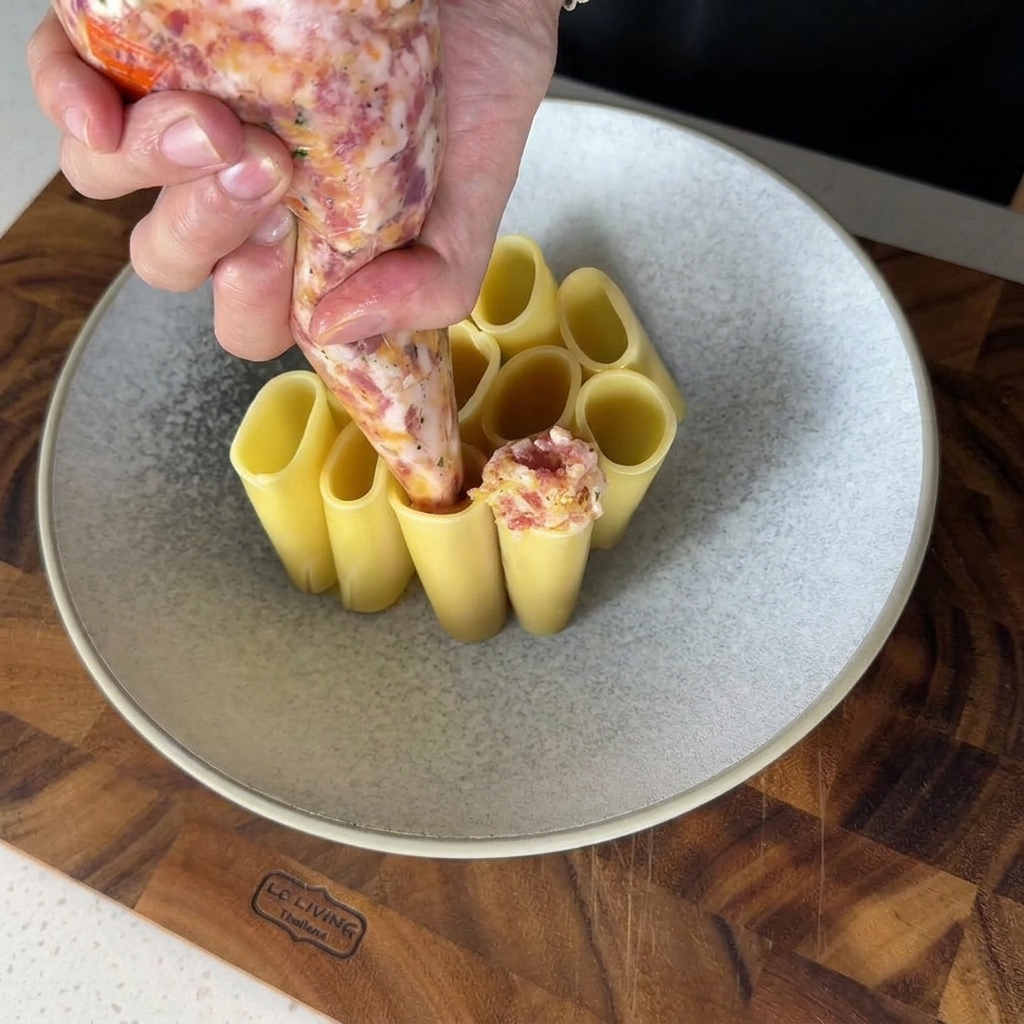 Il ripieno di carne viene inserito in un rigatone cotto tramite una sac-à-poche.