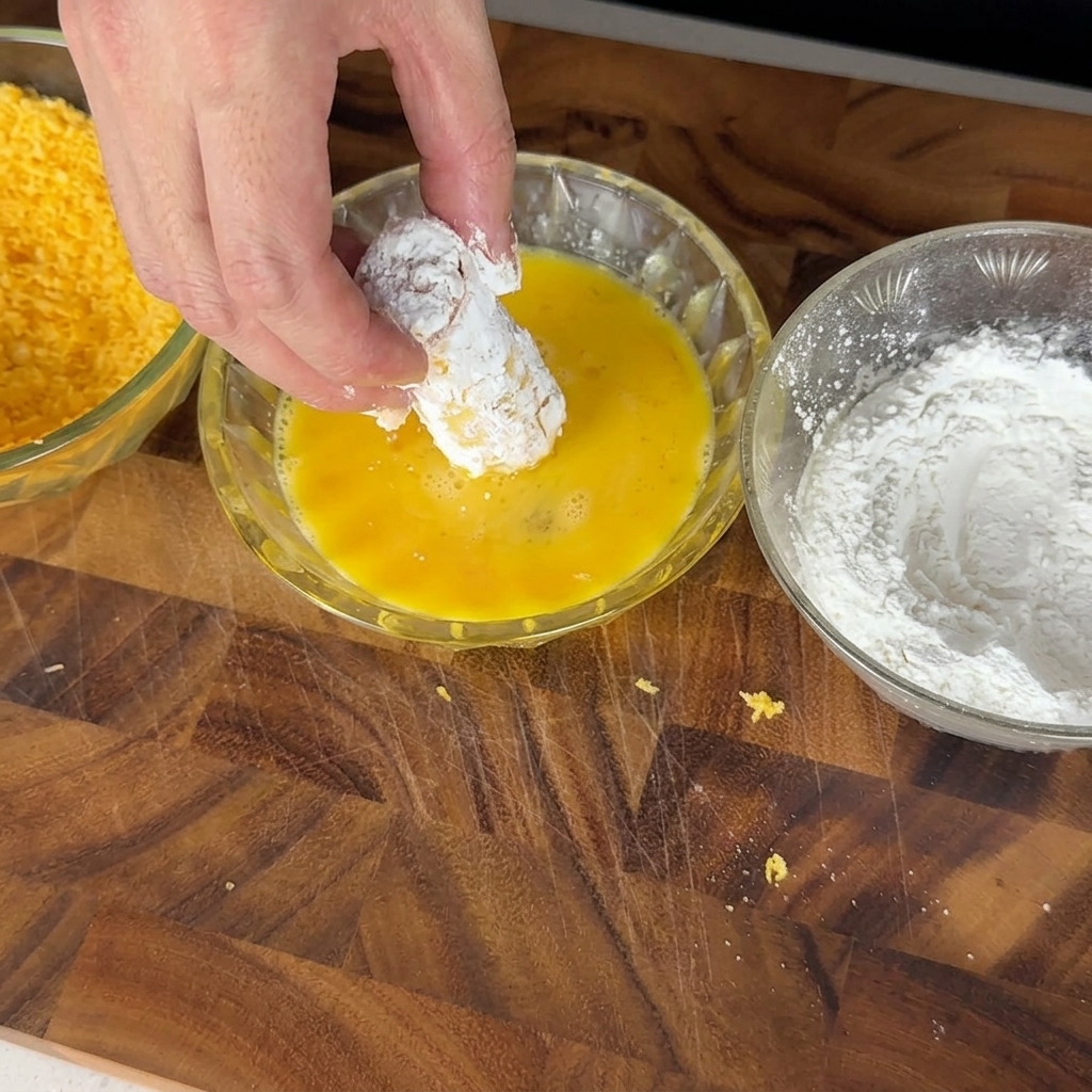 Tubo di pasta ripieno immerso nelluovo sbattuto durante il processo di impanatura.