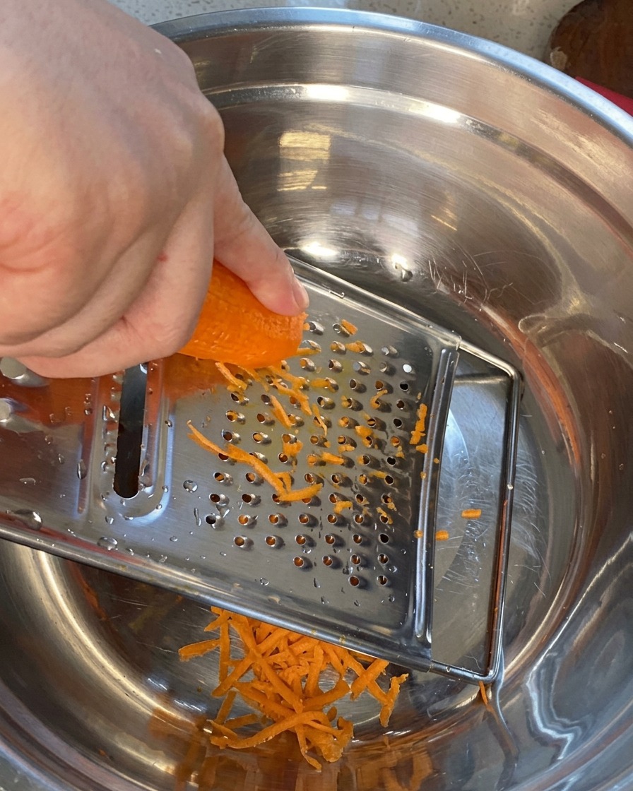 Primo piano di una carota fresca grattugiata in strisce sottili sopra una ciotola di metallo.