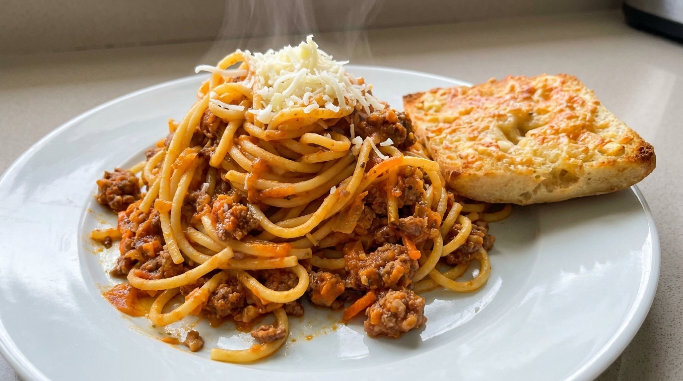 Un fumante piatto di pasta al ragù guarnito con Parmigiano fresco, servito con pane allaglio tostato e dorato.