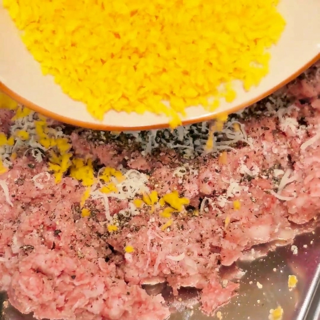 Pangrattato versato sopra la carne macinata cruda.