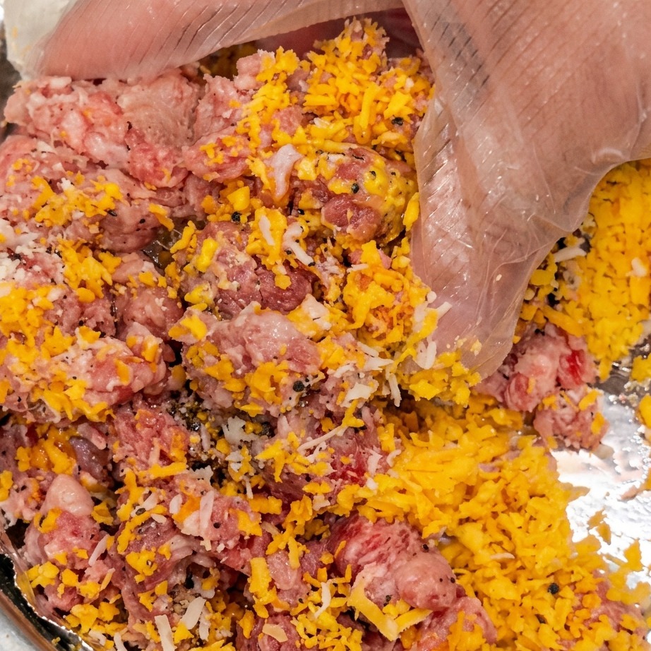Mani che mescolano la carne e il pangrattato in una ciotola.