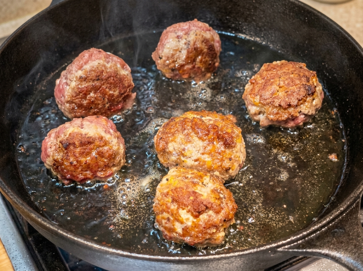 Polpette grandi che dorano in una padella di ghisa.