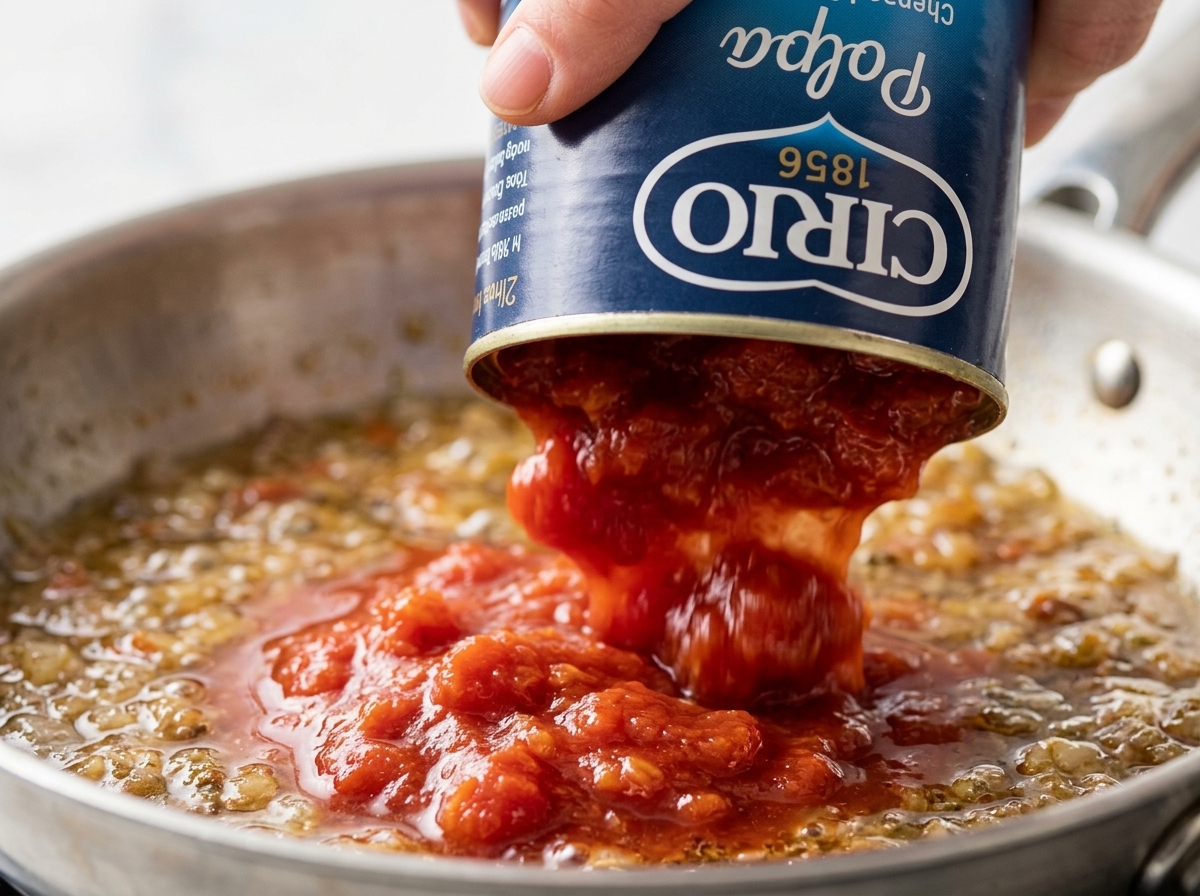 Una scatola di pomodori versata in una padella con i succhi di cottura.
