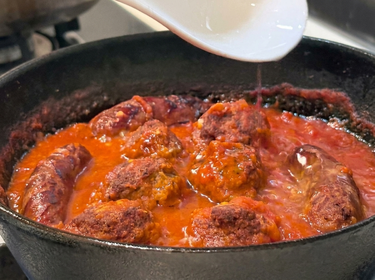 Acqua della pasta versata nella padella del sugo.