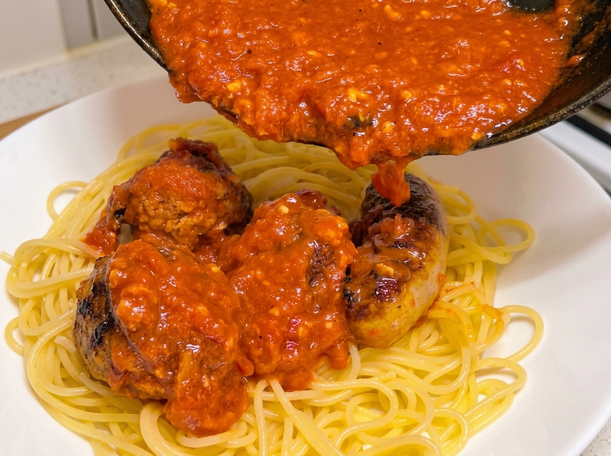 Sugo e polpette versati sopra gli spaghetti in una ciotola.