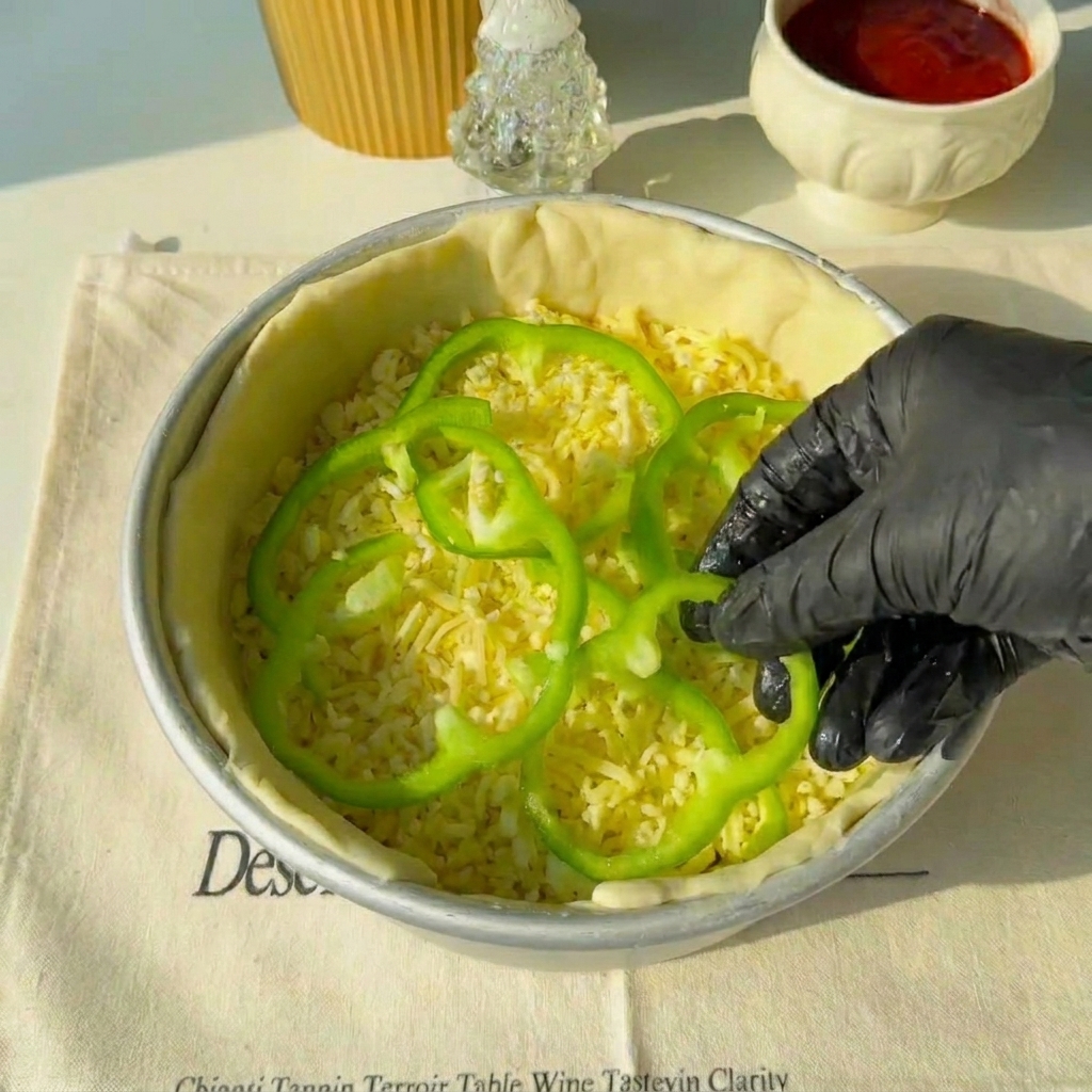 Anelli di peperone verde sopra il ripieno di carne.