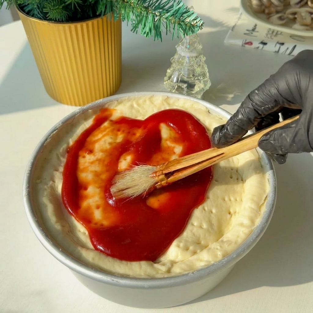 Salsa di pomodoro applicata sulla parte superiore con un pennello.
