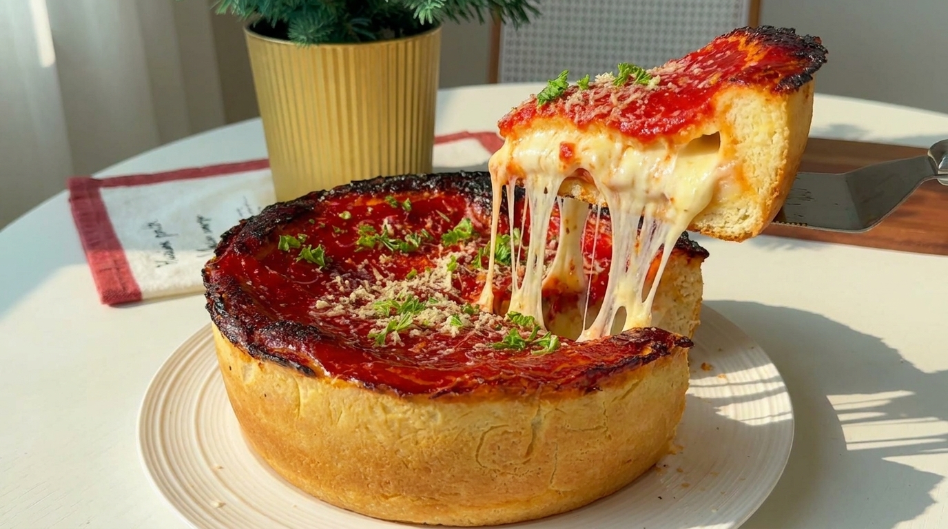 Una pizza deep dish di Chicago appena sfornata, con un bordo croccante e caramellato e una generosa copertura di saporito sugo di pomodoro.