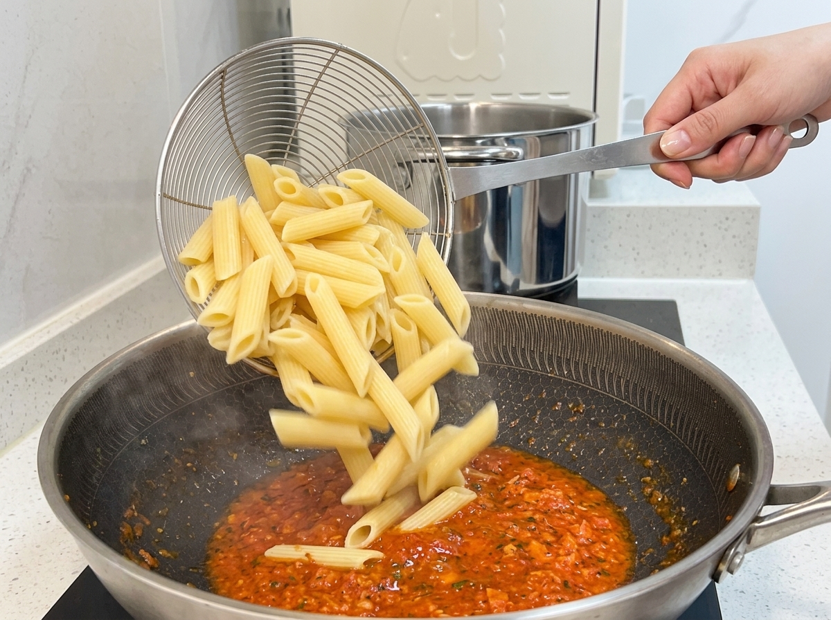 Penne cotte trasferite da uno scolapasta in una padella con sugo al pomodoro.