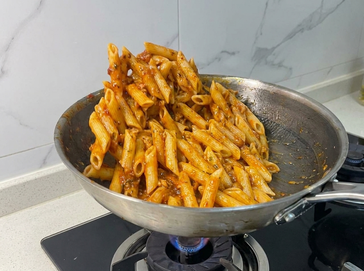 Penne saltate in padella per ricoprirle di sugo al tonno.