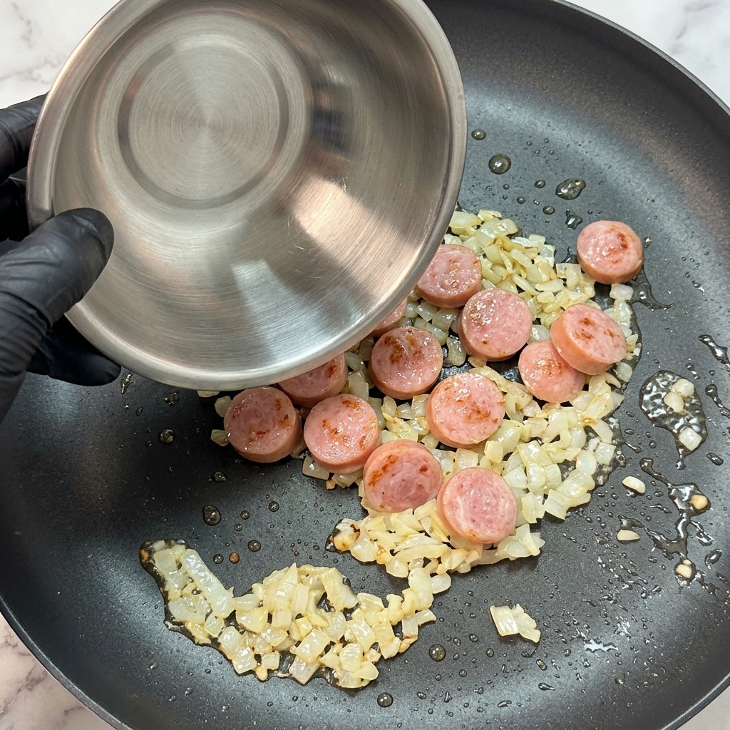 Salsicce affettate versate da una ciotola di metallo in una padella con aromi soffritti.