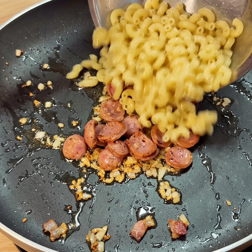 Maccheroni cotti versati in una padella contenente salsiccia fritta, aromi e salsa piccante.